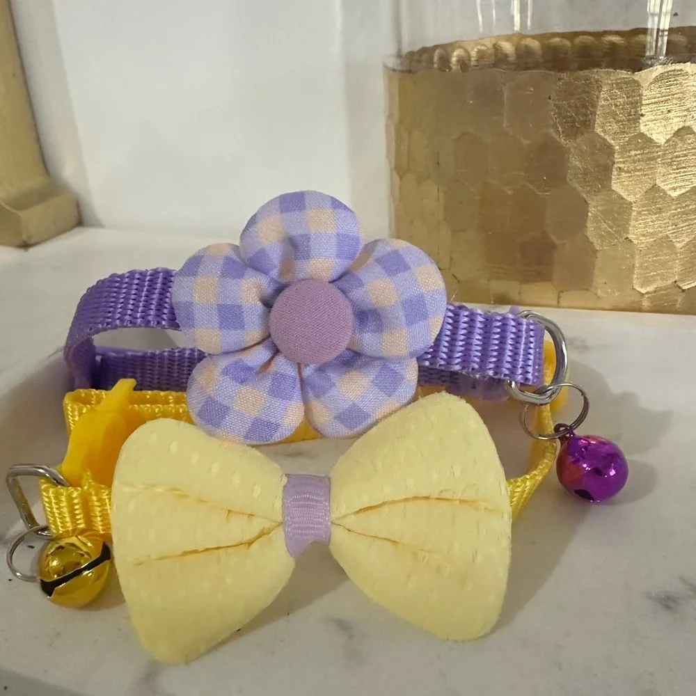 Purple and Yellow Cat Collar Set with Bell Bow and Flower